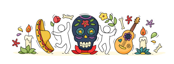 卡通人物庆祝亡灵节。图片下载