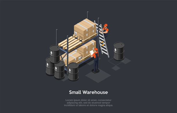 与信息图在黑暗背景上的组成。等角矢量插图，卡通3D风格对象。小仓库，个人业务。两个穿制服的工人，油桶，纸板箱。图片下载