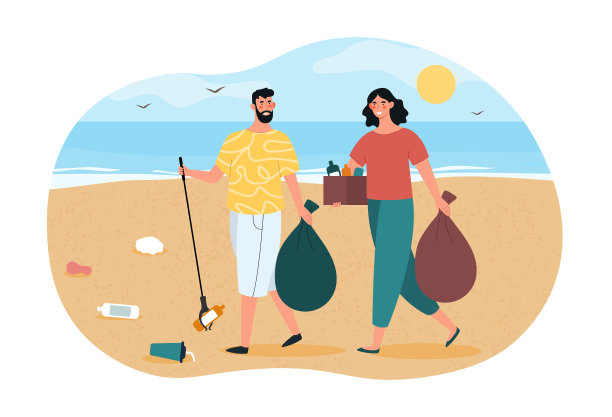 在海滩上清理垃圾的概念图片下载