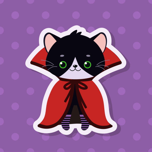 紫色背景上，万圣节穿着斗篷的可爱的黑色卡哇伊猫贴纸图片下载