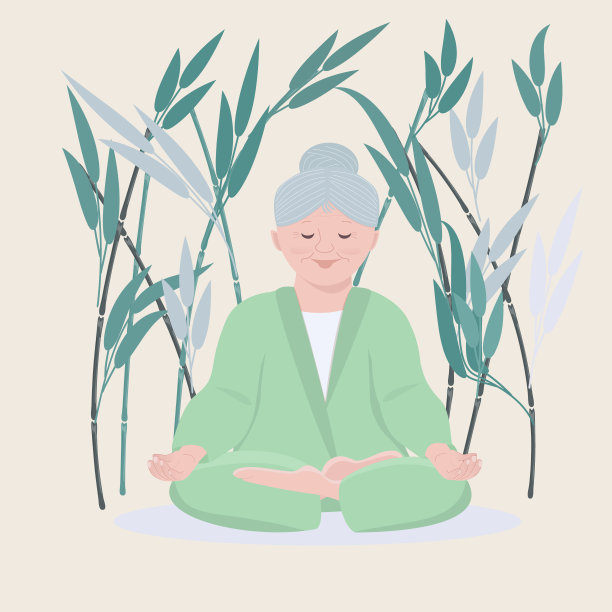 一位老奶奶在竹子背景下做莲花瑜伽。健康生活方式的概念矢量插图。图片下载