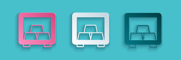 剪纸安全与金条图标孤立在蓝色背景。存放在银行的贵金属。金属财政部。可靠的数据保护。纸艺术风格。向量图片下载