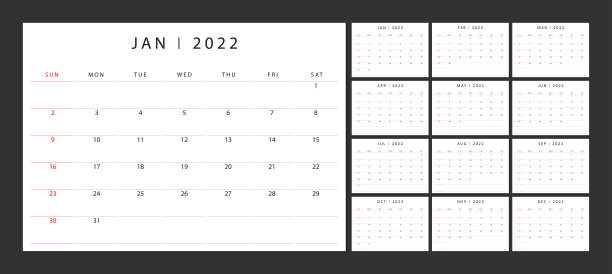 日历2022周开始周日公司设计策划模板。图片下载