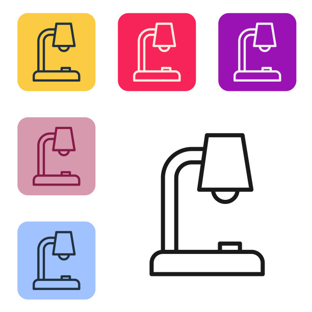 黑色线台灯图标隔离在白色背景上。在彩色方形按钮中设置图标。向量图片下载