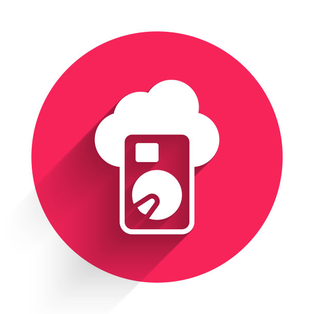 白云数据库图标与长阴影背景隔离。云计算的概念。数字服务或应用程序的数据传输。红色圆圈按钮。向量图片下载