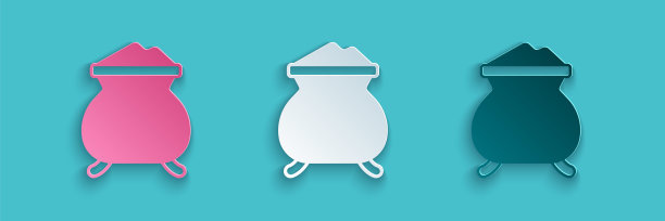 剪纸熔融的黄金被倾倒图标孤立的蓝色背景。熔化的金属从钢包中倒出来。纸艺术风格。向量图片下载