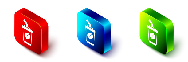 等距咖啡杯图标孤立在白色背景。红、蓝、绿方形按钮。向量图片下载