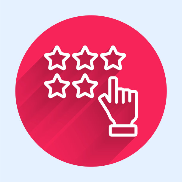 白线五星客户产品评级审查图标孤立与长阴影背景。最喜欢的，最佳评级，奖项标志。红色圆圈按钮。向量图片下载