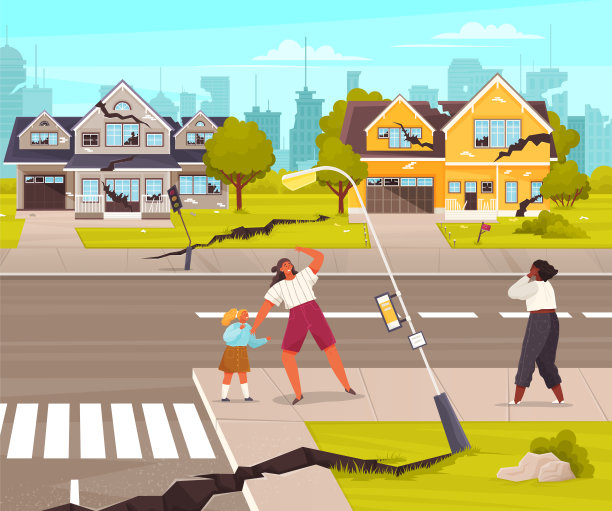 受损的城市街道。地震破坏，灾变破坏，道路破坏，城市十字路口被毁图片下载