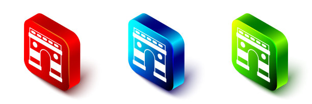 等距凯旋门图标孤立在白色背景。法国巴黎的地标。红、蓝、绿方形按钮。向量图片下载