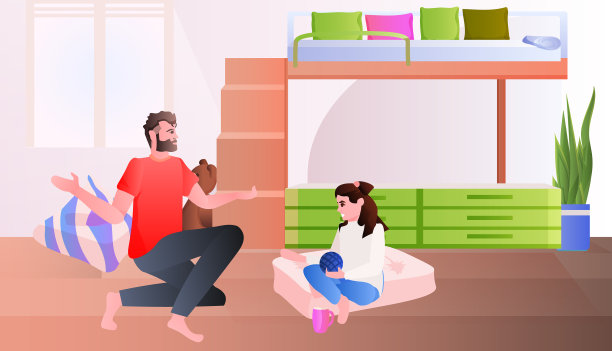 年轻的父亲和小孩子在家里玩耍图片下载