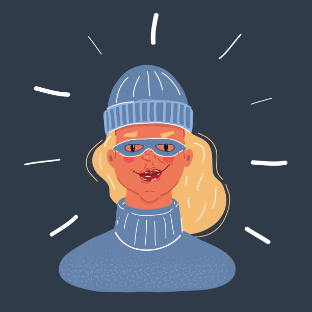 男歹徒矢量插图。女人戴着无檐帽和面具在黑暗的背景。图片下载