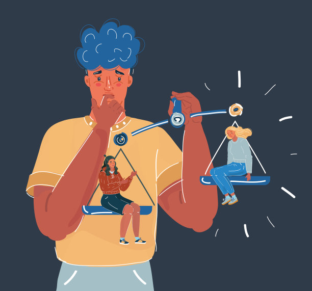 矢量插图的青年男子选择两个妇女与比例在黑暗的背景。图片下载