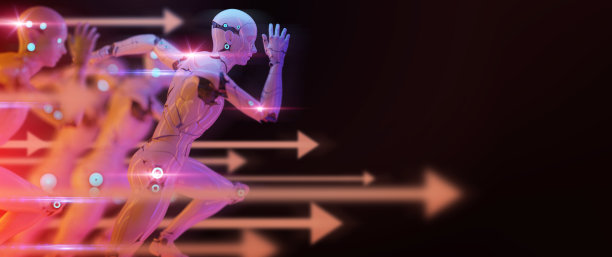 计算机机器与未来商业成功理念，未来金融投资背景，机器人带着箭头方向奔跑，引领未来。图片下载