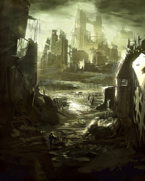 被破坏的废弃城市街景环境景观的数字插图图片下载