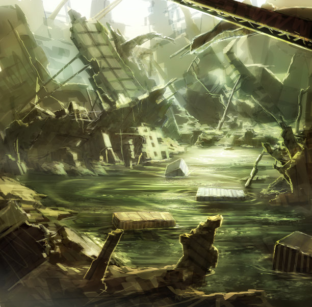 被破坏的废弃城市街景环境景观的数字插图图片下载