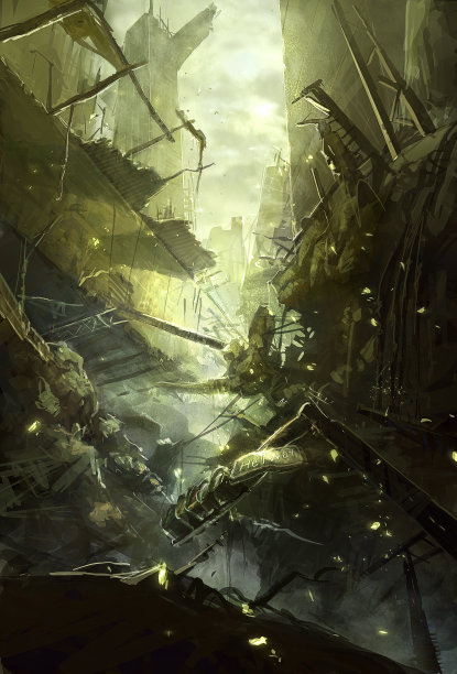 被破坏的废弃城市街景环境景观的数字插图图片下载