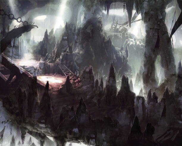 数字插图的地下钟乳石洞穴隧道系统与银光闪闪的水图片下载