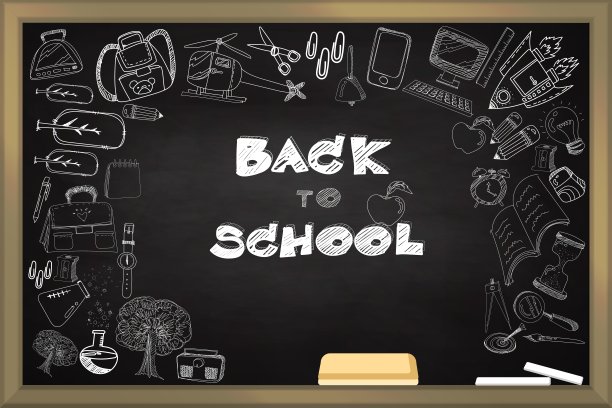 回到学校创意横幅速写在黑板上，矢量粉笔画回学校图片下载