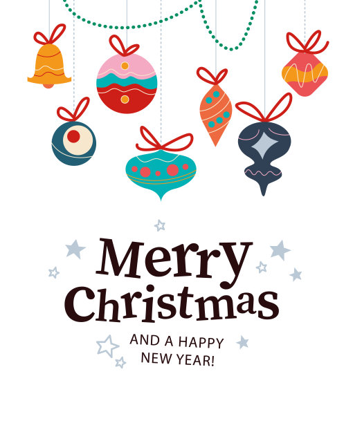 圣诞快乐和新年快乐的祝贺设计与星星，冷杉树装饰球和玩具挂孤立。图片下载