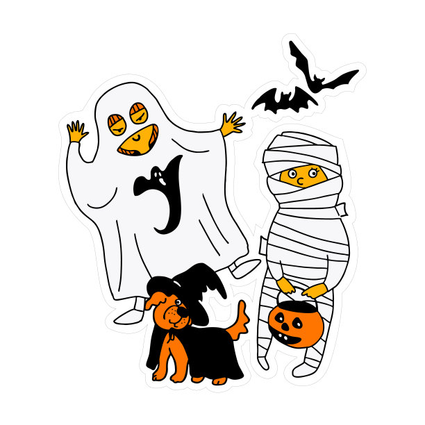 万圣节。穿着万圣节服装的孩子们。万圣节孩子们。孩子们穿着鲜艳的服装。明信片和请柬上鲜明的人物。贴纸。图片下载