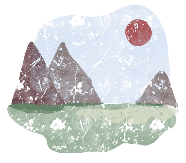 有山和太阳的景观，用冷色调手绘的垃圾纹理，用石膏效果的插图，调色板刀画图片下载