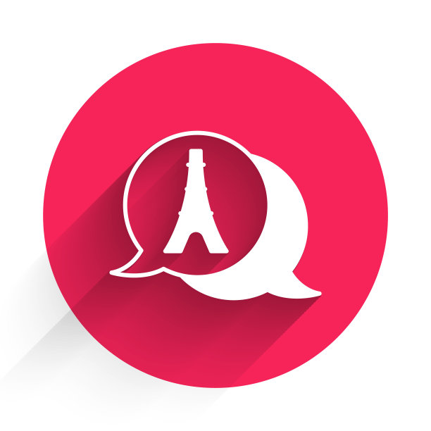 白色埃菲尔铁塔图标与长阴影背景隔离。法国巴黎的地标标志。红色圆圈按钮。向量图片下载