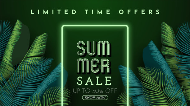 夏季出售旗帜与热带树叶背景图片下载