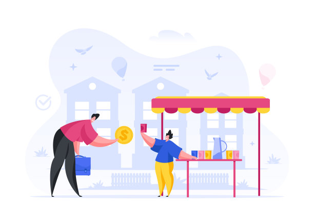 一个男人从摊位卡通里的男孩那里买苏打水图片下载