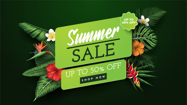 夏季出售旗帜与热带树叶背景图片下载