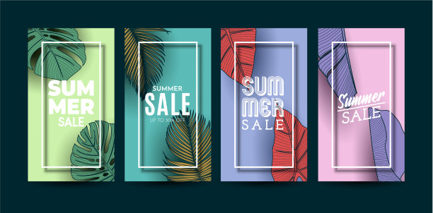 夏季出售旗帜与热带树叶背景图片下载