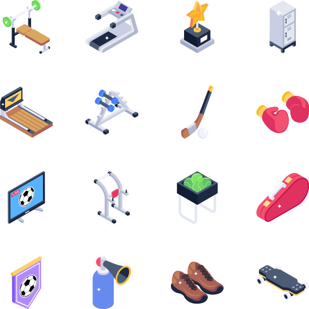 健身器材和运动工具等距图标图片下载