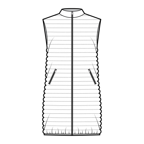 羽绒背心羽绒背心技术时尚插图立领，拉链关闭，宽松合身，大腿长度图片下载