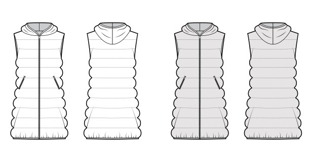 羽绒背心羽绒背心技术时尚插图与帽衫衣领拉链关闭，宽松的身体，经典绗缝图片下载