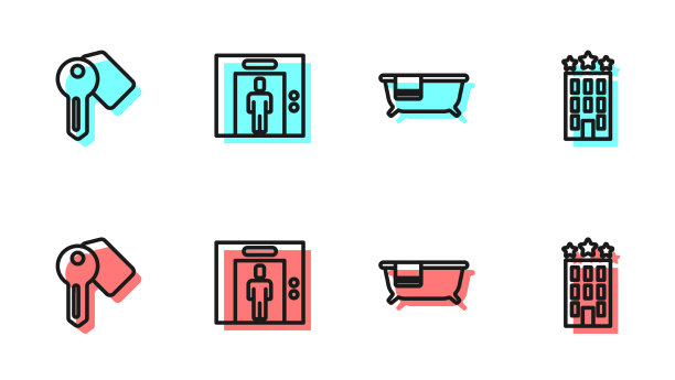 设置线浴缸、酒店门锁和电梯钥匙图片下载