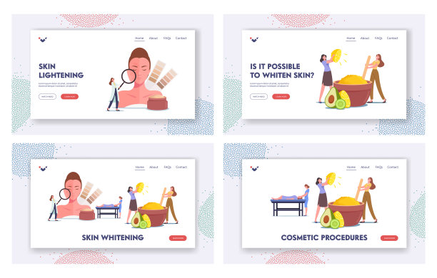 皮肤美白，自然美容登陆页面模板设置。微小的女性角色在巨大的碗中制作面膜图片下载