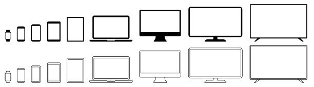 设置技术线设备图标:电视显示器、电脑、笔记本电脑、平板电脑、智能手机、手表图标。概要模拟电子设备监控线简单孤立矢量图片下载