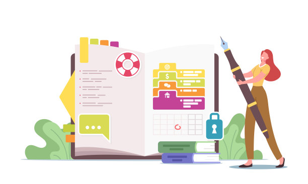 微小的女性角色在巨大的日记写笔记，回忆录，计划交易，填写要做的事情清单，贴贴纸或图片图片下载