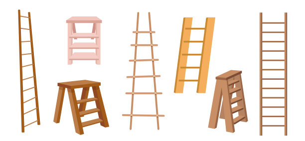 设置木制台阶梯子，家庭室内建筑，装修工程的楼梯梯子孤立的白色背景图片下载