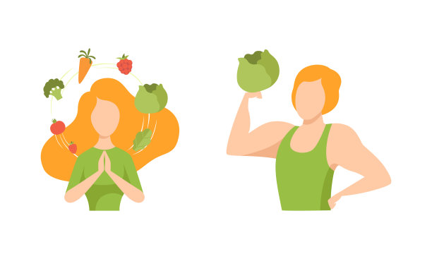 年轻男性和女性与健康素食有光和能量矢量集图片下载