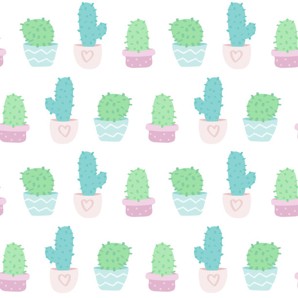 可爱的矢量无缝模式与卡通仙人掌在锅在白色的背景。图片下载