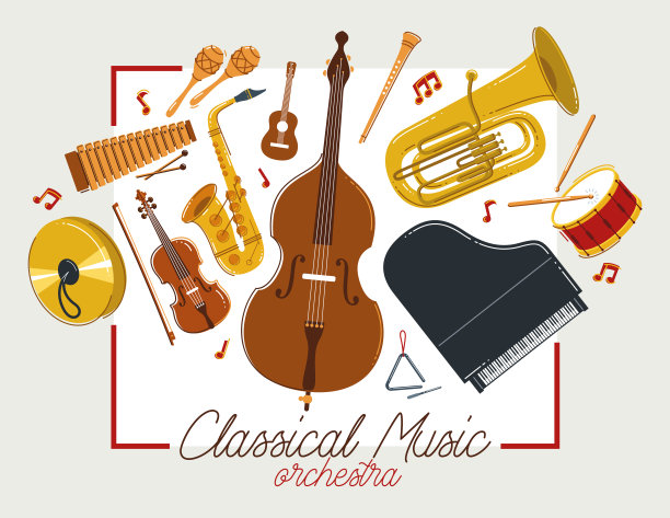 古典音乐乐器海报向量平面风格插图，古典管弦乐队声学传单或旗帜，音乐会或节日现场声音，音乐工具的多样性。图片下载