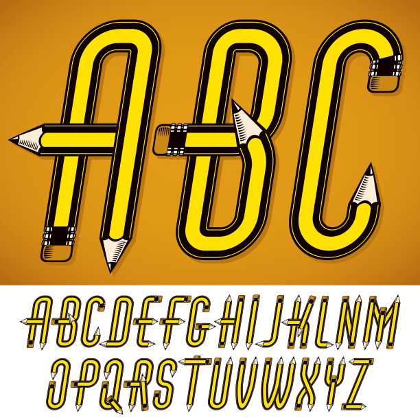 矢量大写字母集合与铅笔，创造性的写作想法。可作为商业广告文案的标志设计元素。图片下载