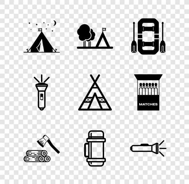 设置旅游帐篷与旗帜，漂流船，木斧和木材，热水瓶容器，手电筒，和图标。向量图片下载