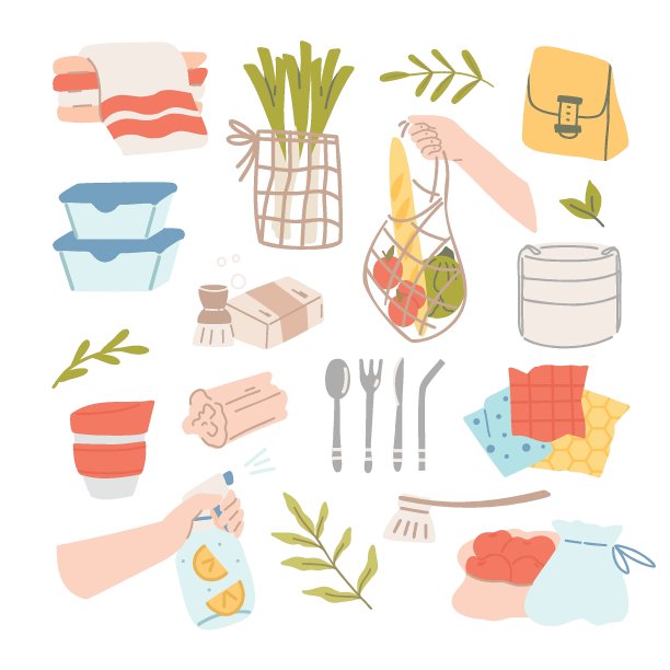 可持续的厨房和零浪费的生活方式。生态生活的概念。可持续的餐具，网袋和可重复使用的容器。向量的卡通插图图片下载