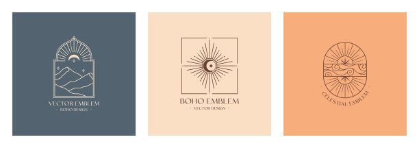 向量线性波西米亚标志与山景观;太阳和天空的概念图片下载