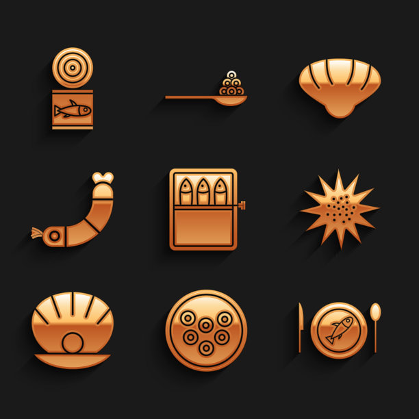 鱼子酱，鱼子酱，海胆，珍珠贝，虾，扇贝，贝壳和图标。向量图片下载