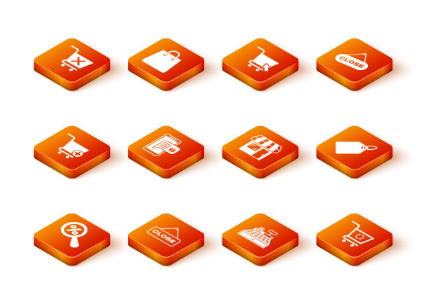 设置放大镜与百分比，悬挂标志关闭，添加到购物车，手机和购物篮，收银机，市场商店，刷新和标签模板价格标签图标。向量图片下载