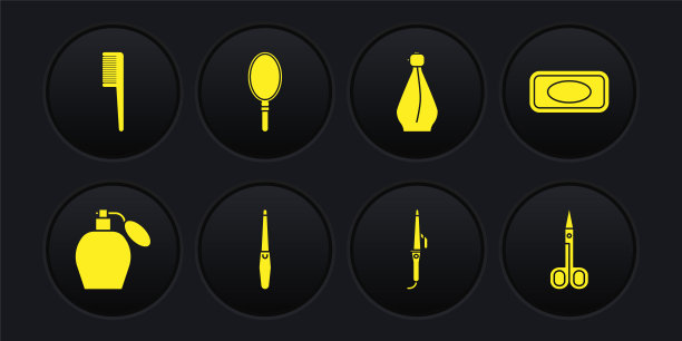 套装香水，香皂，指甲锉刀，卷发器，手镜，剪刀和发刷图标。向量图片下载