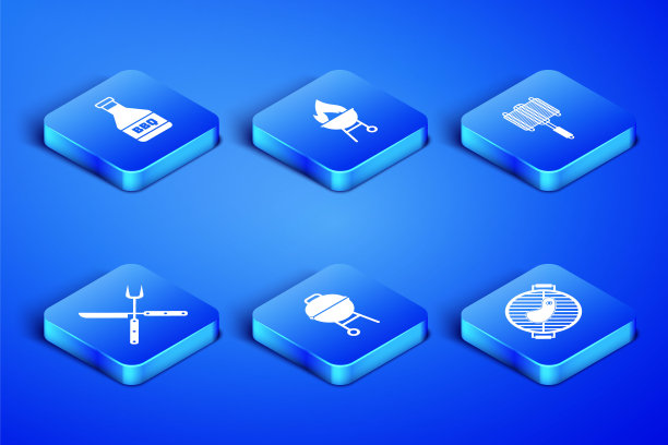 设置烧烤烧烤牛排，番茄酱瓶，交叉叉和刀，和钢网格图标。向量图片下载